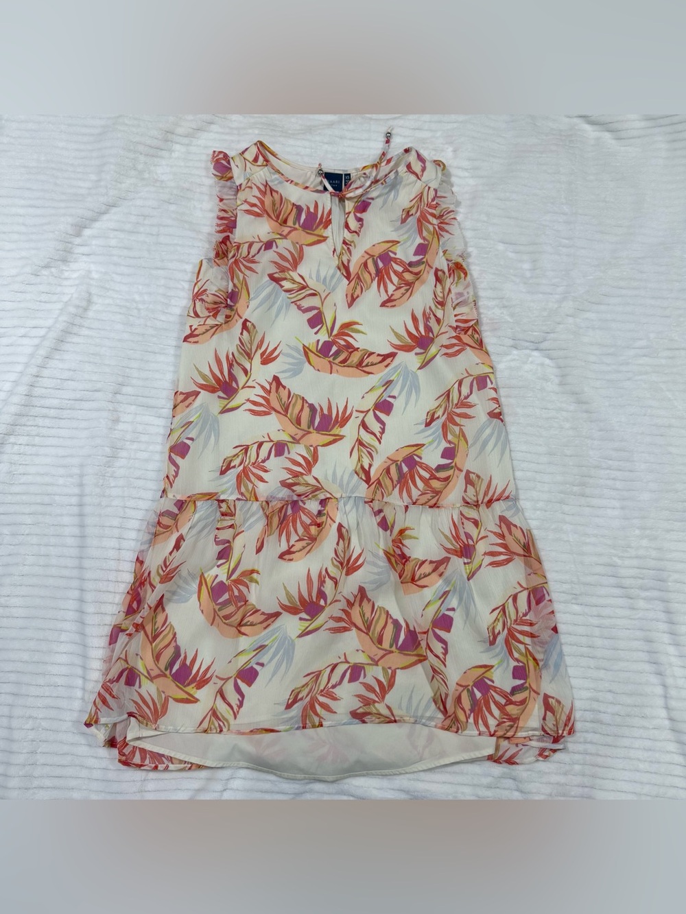 Kaari Blue Cream Mini Dress with‎ Pink, Coral and Yellow Leaf Print
